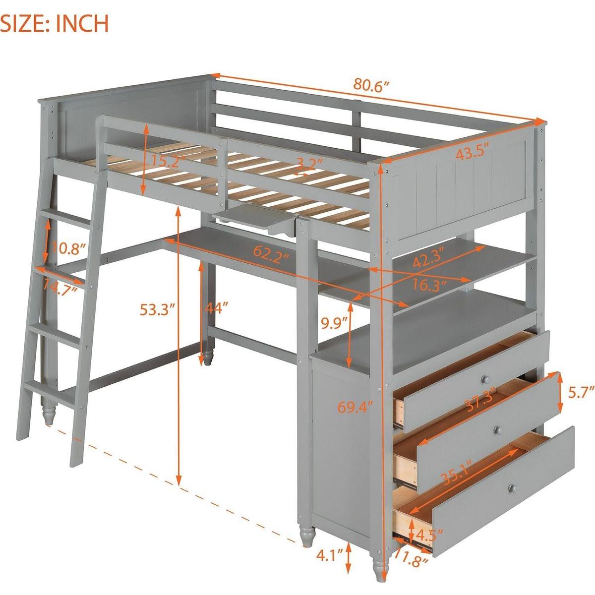 Twin size Loft Bed with Drawers and Desk, Wooden Loft Bed with Shelves - Gray