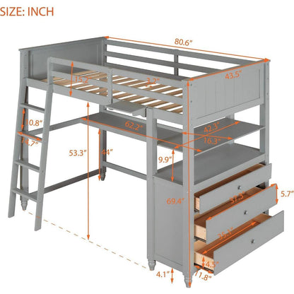 Twin size Loft Bed with Drawers and Desk, Wooden Loft Bed with Shelves - Gray