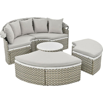 Patio Furniture Round Outdoor Sectional Sofa Set Rattan Daybed Two-Tone Weave Sunbed with Retractable Canopy, Separate Seating and Removable Cushion, Gray