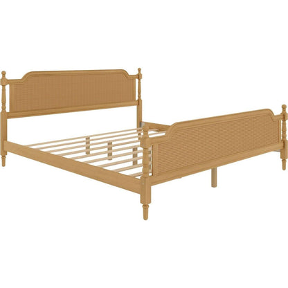 Traditional Style Rattan King Size Bed Frame,No Box Spring Needed,Antique Walnut
