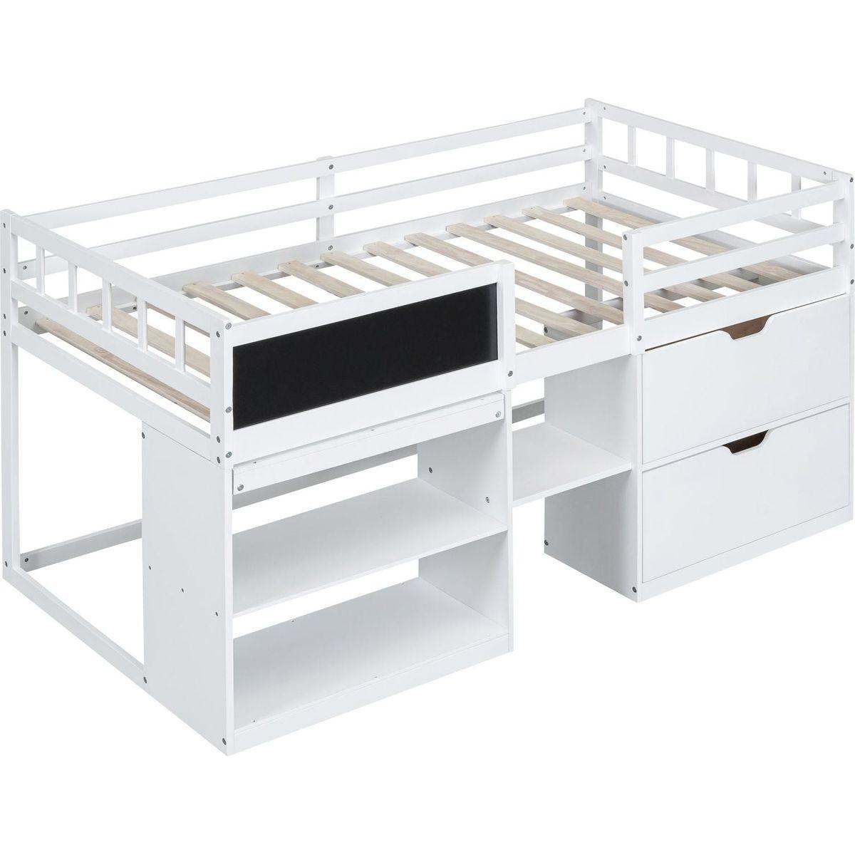 Twin Size Low Loft Bed with Rolling Desk, Shelf and Drawers - White