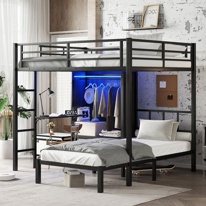 Full XL Over Twin Metal Bunk Bed with Folding Desk, Closet with LED ,Space-Saving/Noise Reduced, Black