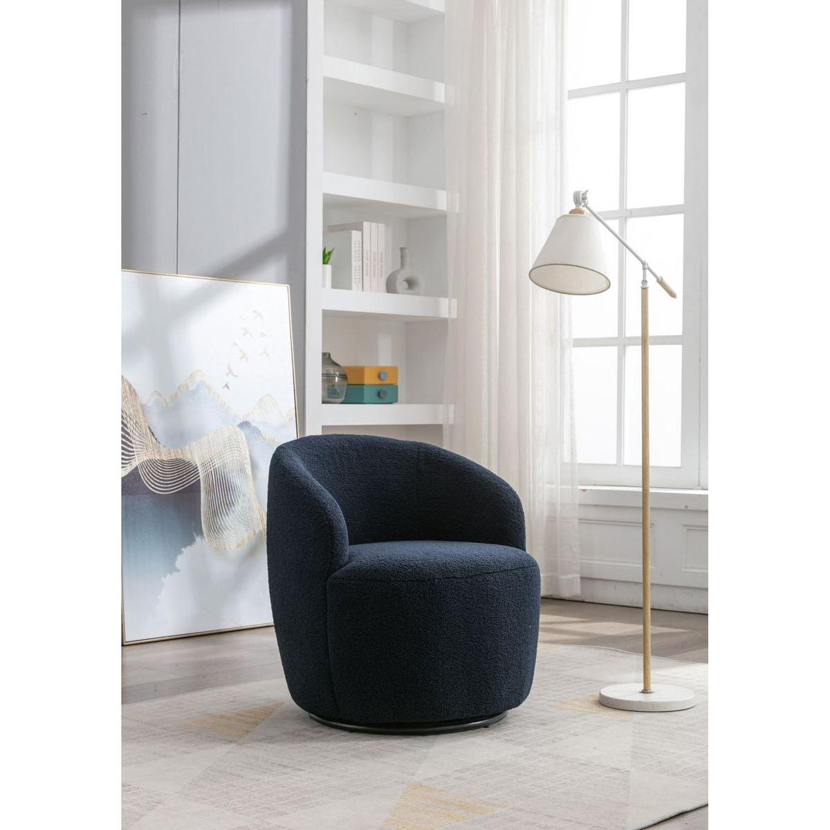 Teddy Fabric Swivel Accent Armchair Barrel Chair With Black Powder Coating Metal Ring,Dark Blue