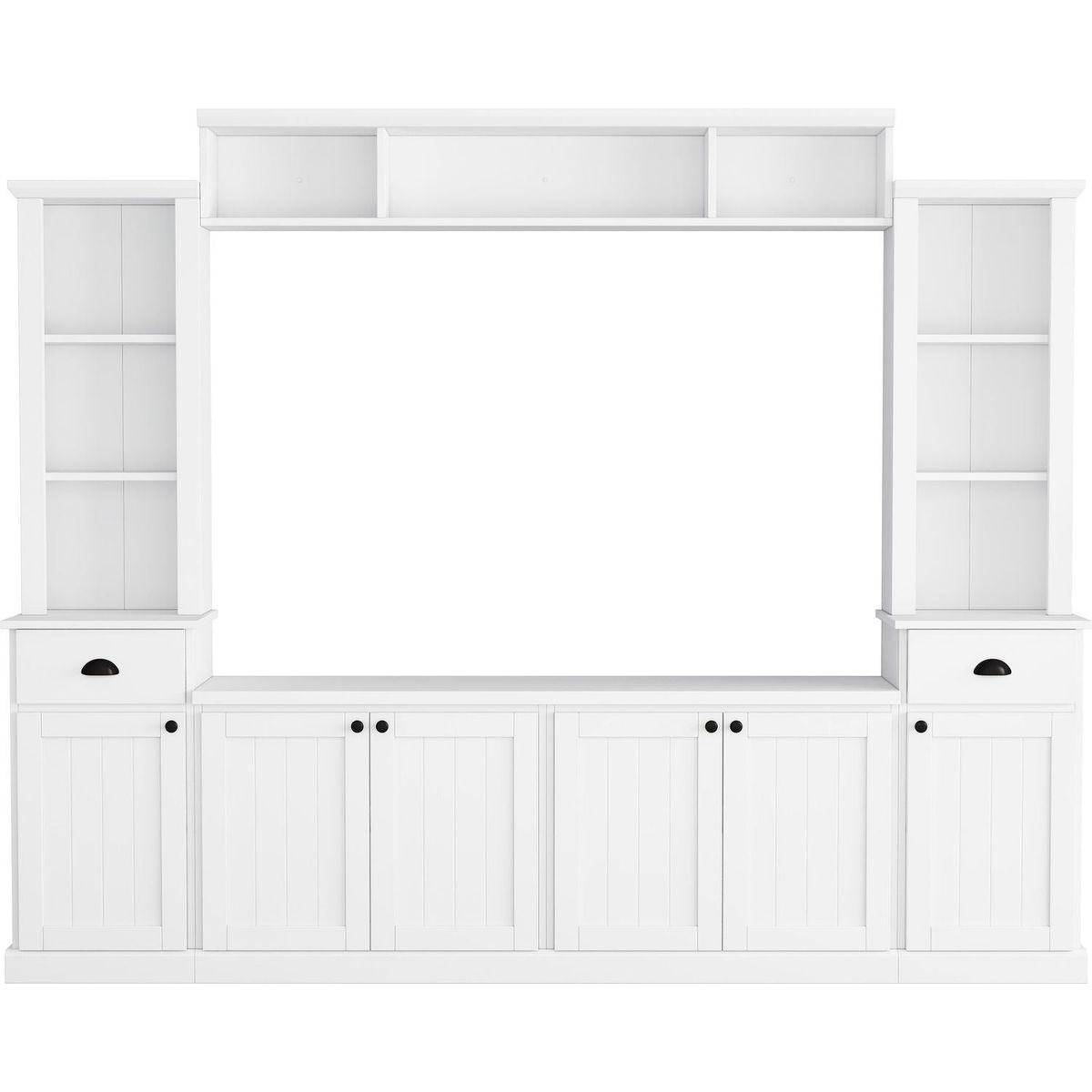 Minimalist Entertainment Wall Unit Set with Bridge for TVs Up to 75", Ample Storage Space TV Stand with Adjustable Shelves, Modernist Large Media Console for Living Room, White