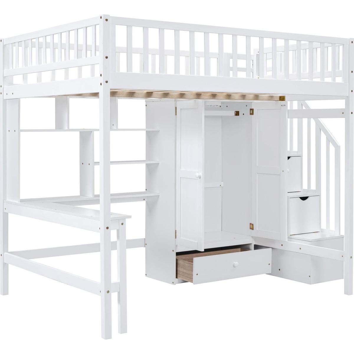 Full size Loft Bed with Bookshelf,Drawers,Desk,and Wardrobe-White