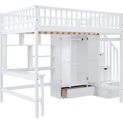 Full size Loft Bed with Bookshelf,Drawers,Desk,and Wardrobe-White