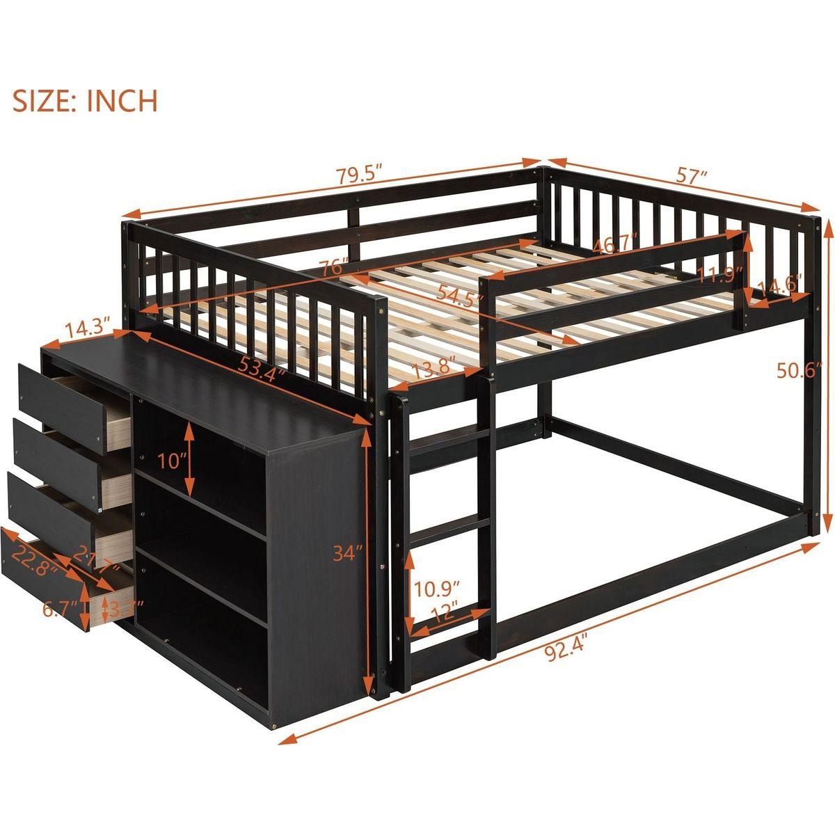 Full over Full Bunk Bed with 4 Drawers and 3 Shelves-Espresso