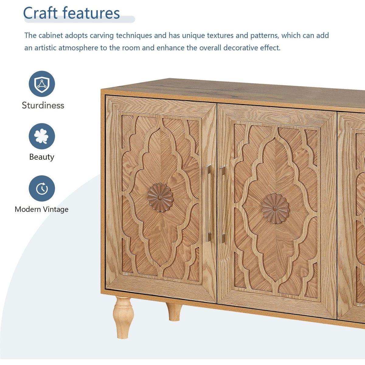 Carved Flower Door Large Storage Cabinet With Metal Handle Suitable For Living Room, Kitchen, Entryway(NATURAL WOOD) - Streamdale Furniture