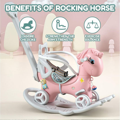 Rocking Horse for Toddlers, Balance Bike Ride On Toys with Push Handle, Backrest and Balance Board for Baby Girl and Boy, Unicorn Kids Pink Color