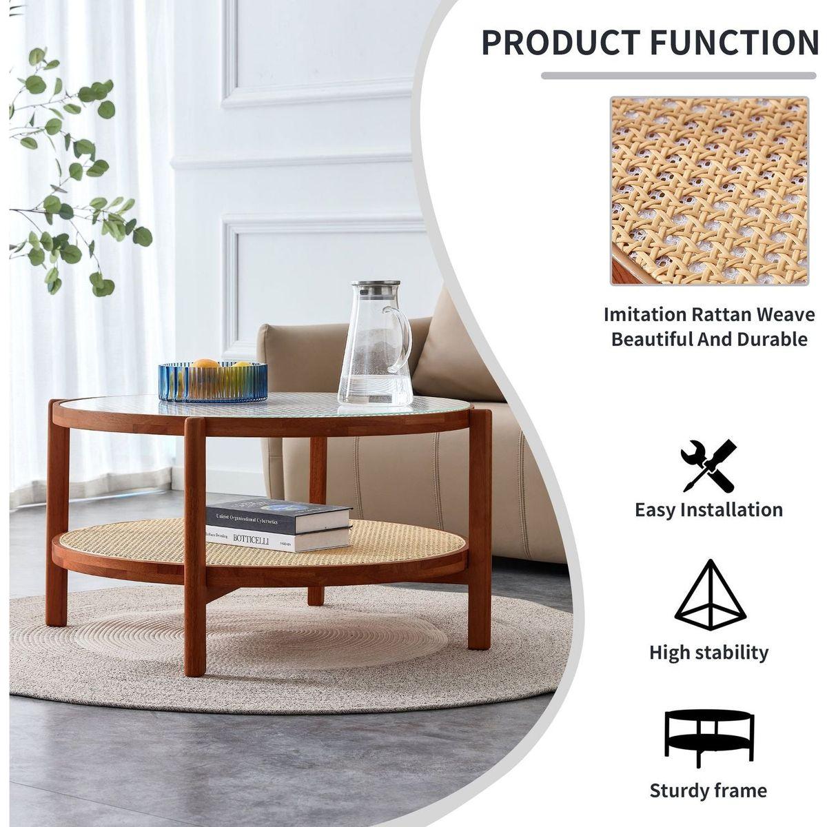 Modern minimalist circular double-layer solid wood coffee table, craft glass tabletop, second layer material: PE rattan, solid wood frame. 34.6 'x 34.6' x 17.7"