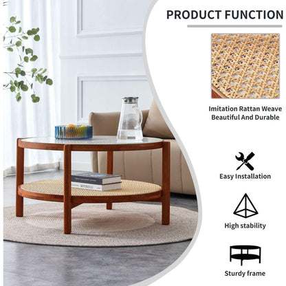 Modern minimalist circular double-layer solid wood coffee table, craft glass tabletop, second layer material: PE rattan, solid wood frame. 34.6 'x 34.6' x 17.7"