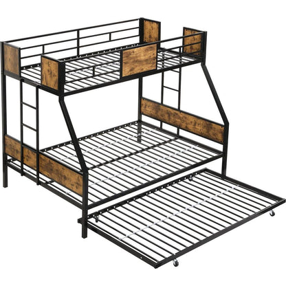 Twin Over FULL Metal Bunk Bed with Trundle 2 - Side Ladder and Full-Length Guardrail, No Box Spring Needed, Large Under Bed Storage, Easy Assemble, Black & Brown