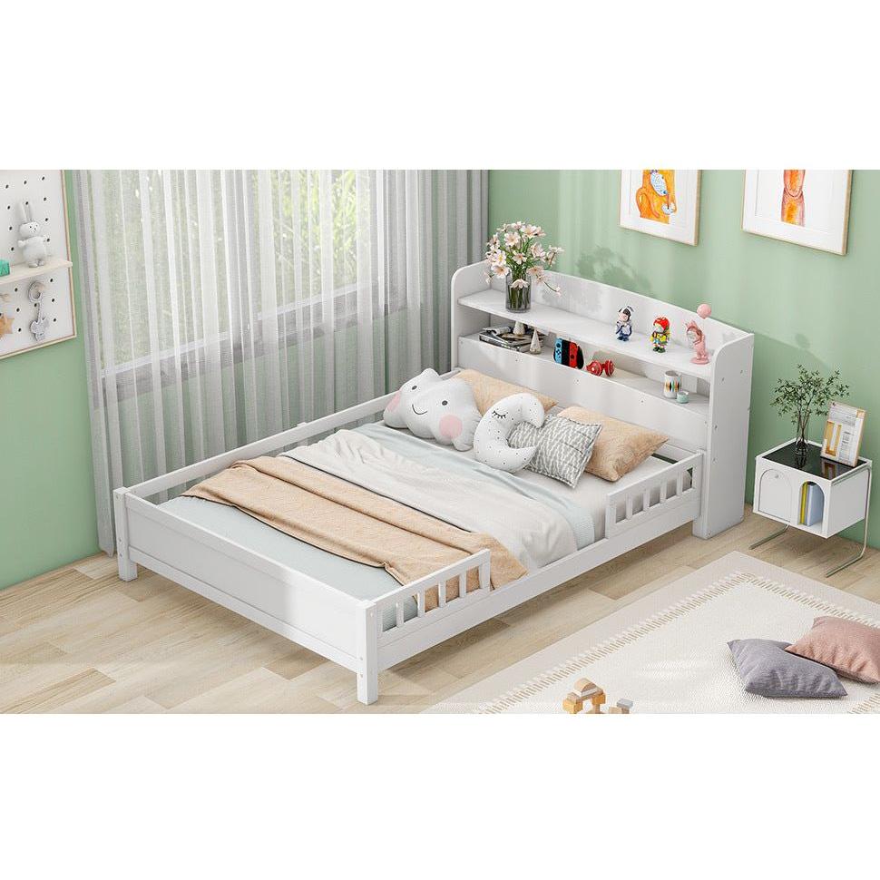Wood Full Size Platform Bed with Built-in LED Light, Storage Headboard and Guardrail, White