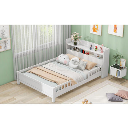 Wood Full Size Platform Bed with Built-in LED Light, Storage Headboard and Guardrail, White