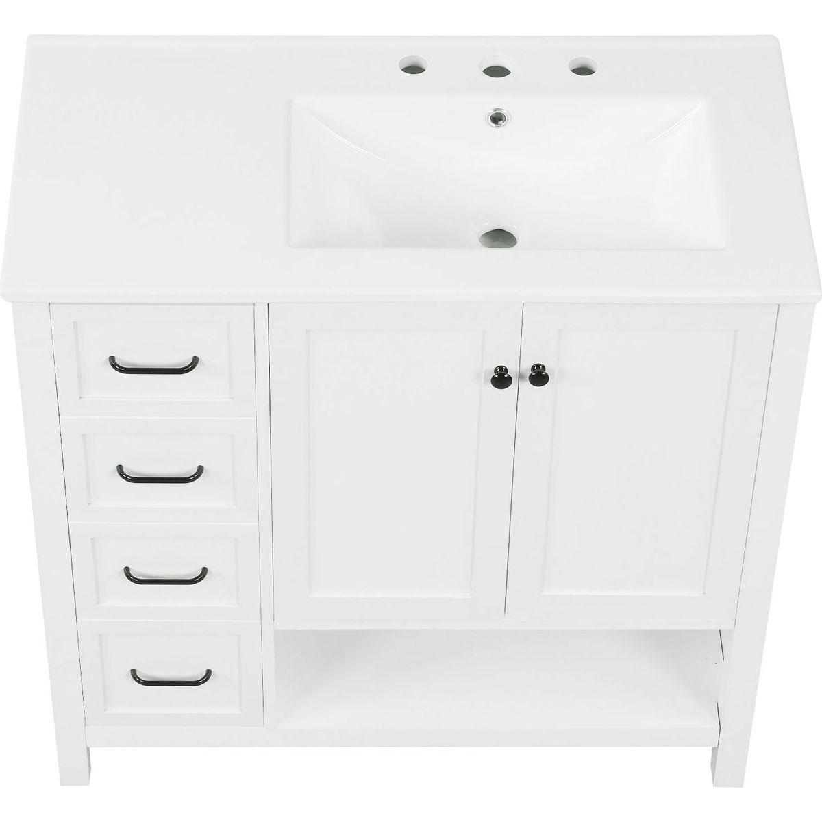 36" Bathroom Vanity with Sink Top, Bathroom Vanity Cabinet with Two Doors and Two Drawers, Solid Wood, Open shelf, MDF Boards, One Package, White