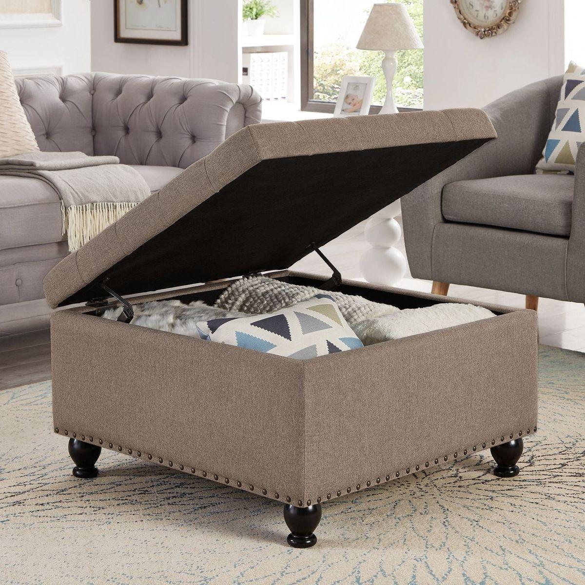 Large square storage ottoman with wooden legs, Upholstered button tufted coffee table with nail trims for for Living Space,Linen