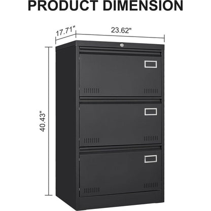 Filing Cabinet Lateral File Cabinet 3 Drawer, Blcak Locking Metal File Cabinets Three Drawer, Office Filing Cabinet with Lock Drawers for Home Office/Legal/Letter/A4/F4