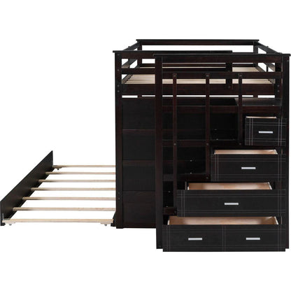 Full Over Full Bunk Bed with Twin Size Trundle and Staircase, Espresso