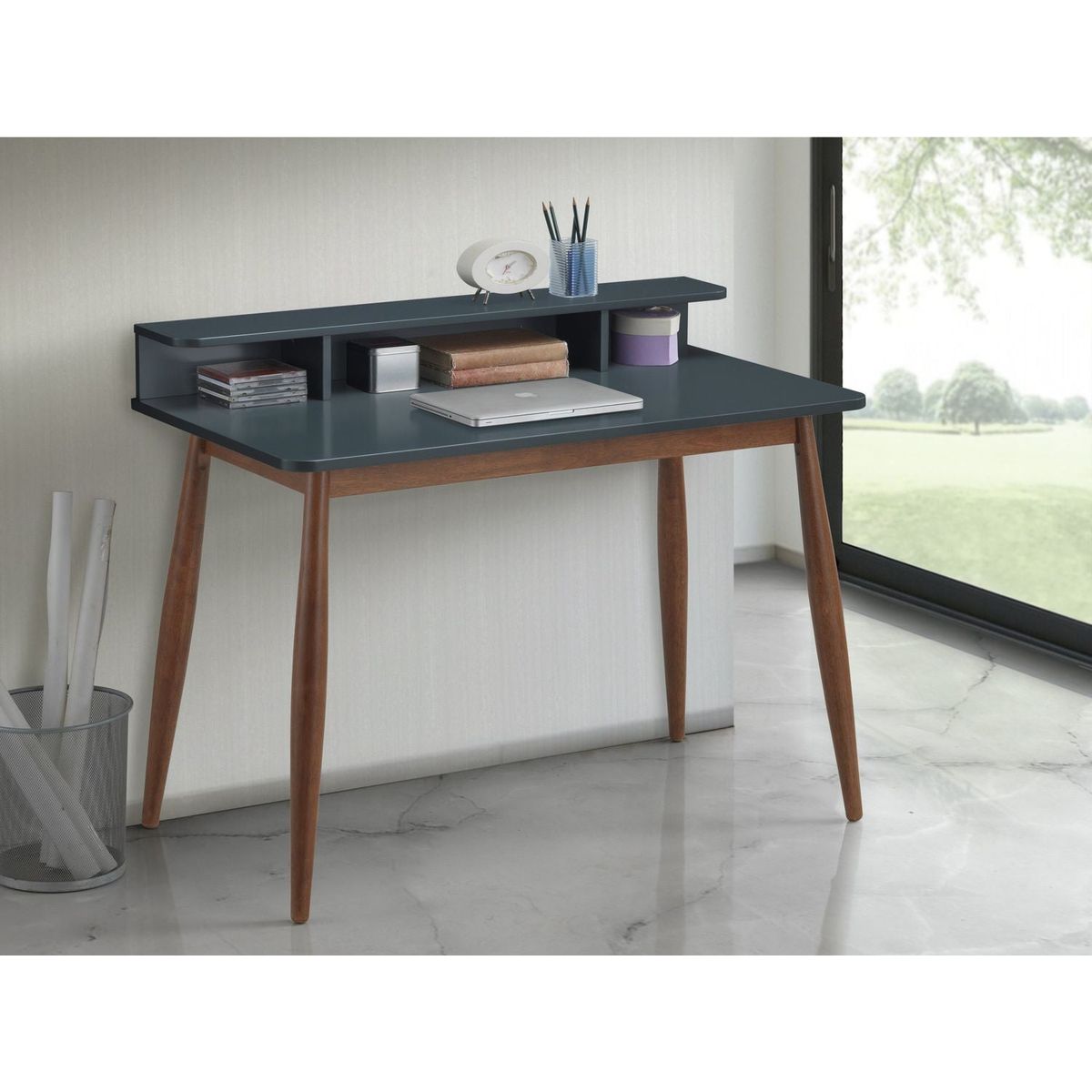 Roskilde Mid-Century Modern Wood Writing Desk with Hutch, Grey