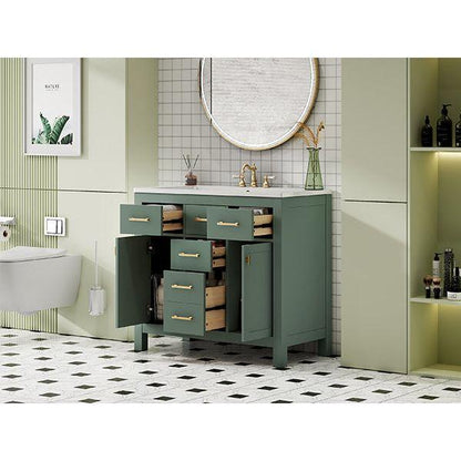 36" Bathroon Vanity with Resin Sink Combo Set,Modern Freestanding Single Bathroom Cabinet with 4 Drawers & 2 Cabinets,Storage Cabinet for Bathroom, Solid Wood Frame Vanity Set, Green