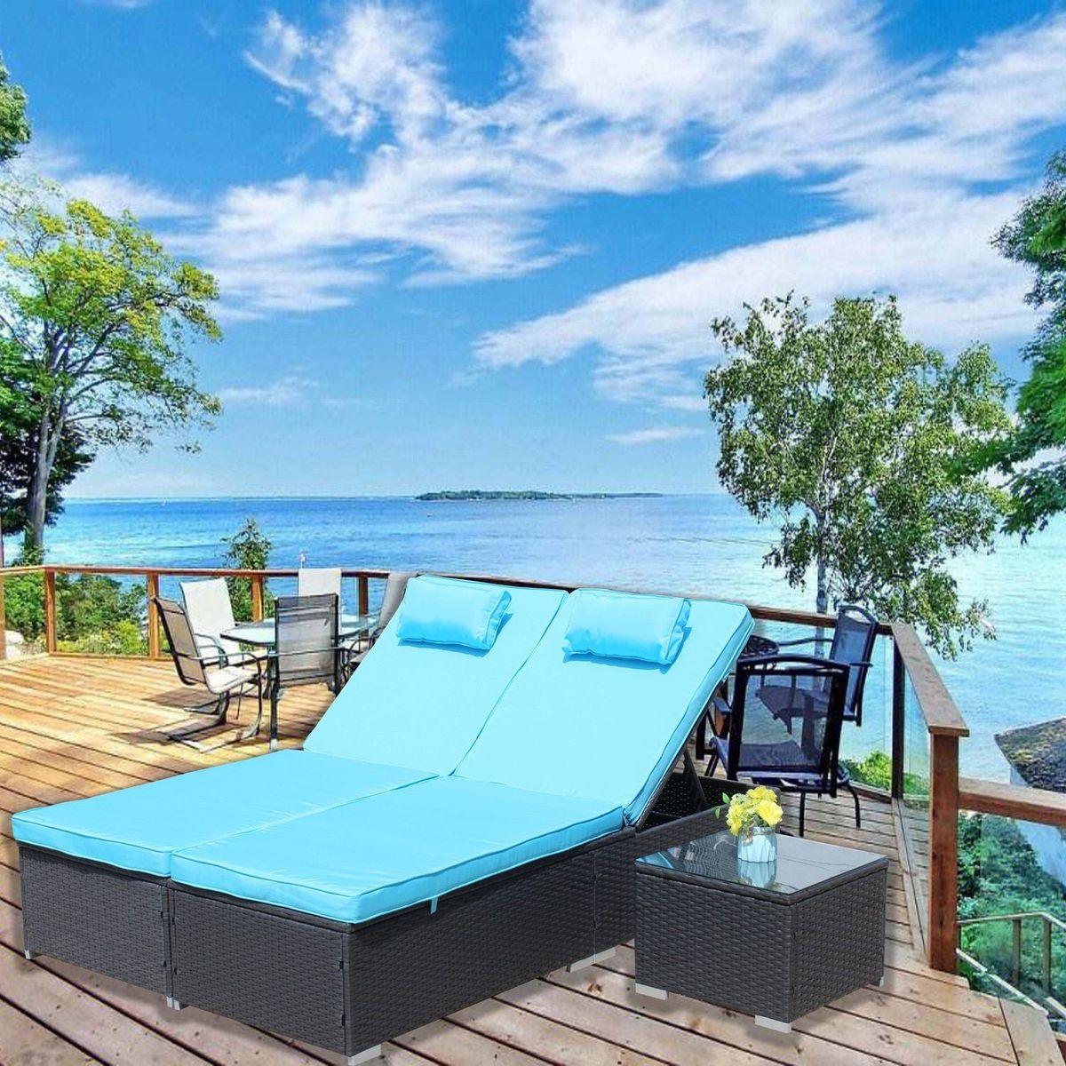 3-Piece Outdoor Patio Furniture Set Chaise Lounge, Patio Reclining Rattan Lounge Chair Chaise Couch Cushioned with Glass Coffee Table, Adjustable Back and Feet, Lounger Chair for Pool Garden, Blue - Streamdale Furniture