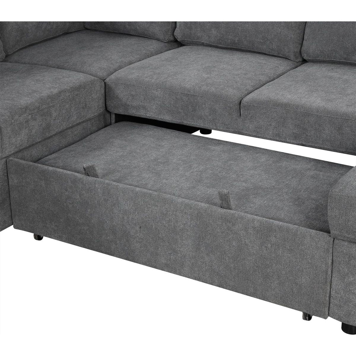 109" U-shaped Sectional Sofa Pull-out Sofa Bed with Two USB Ports, a Storage Chaise Lounge and Four Back Pillows for Living Room, Grey