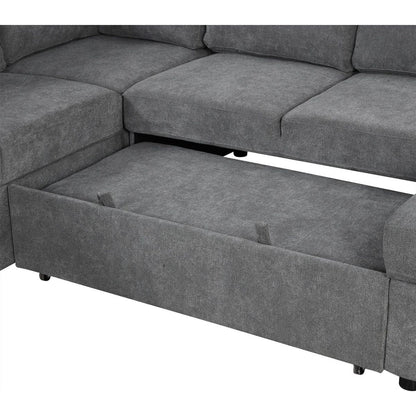 109" U-shaped Sectional Sofa Pull-out Sofa Bed with Two USB Ports, a Storage Chaise Lounge and Four Back Pillows for Living Room, Grey