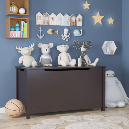 Kids Wooden Toy Box Storage with Safety Hinged Lid for Ages 3+ (Dark Brown)