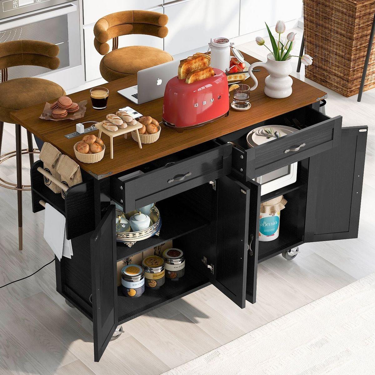 53.5"Farmhouse Kitchen Island with Power Outlet, Kitchen Storage Island with Drop Leaf, Spice Rack and Drawer, Rolling Kitchen Cart on Wheels, for Home, Kitchen and Dining Room, Black
