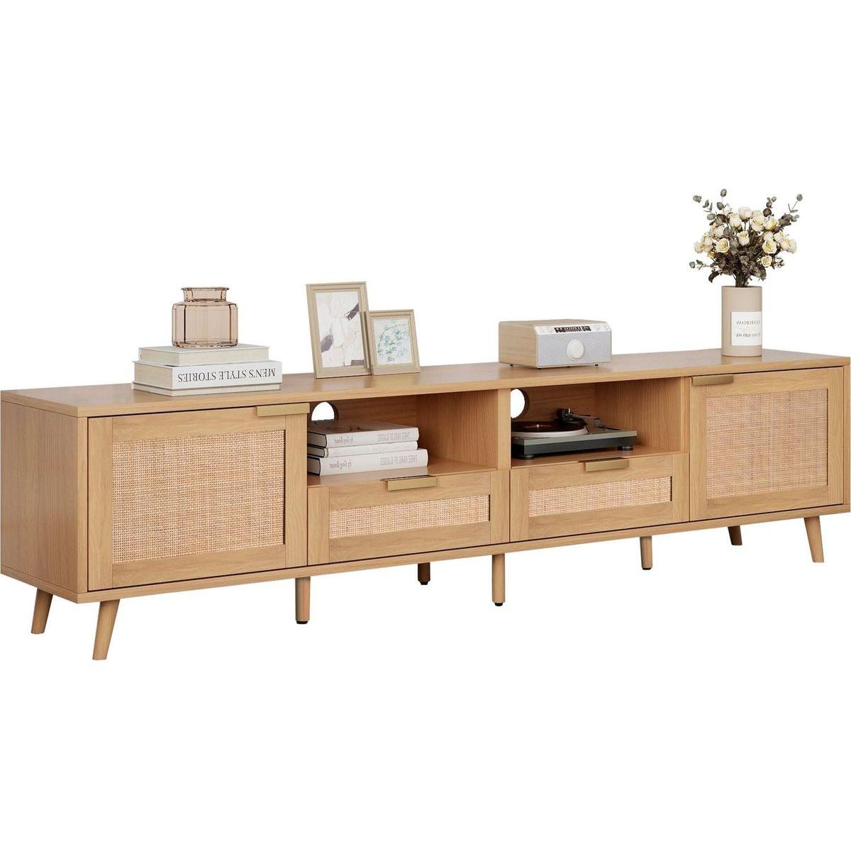 Rattan TV Stand for TVs up to 85", Modern Farmhouse Media Console, Entertainment Center with Solid Wood Legs, TV Cabinet for Living Room,Home Theatre