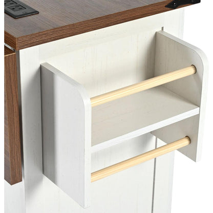 54.5" Farmhouse Kitchen Island with Power Outlet, Kitchen Storage Island with Internal Storage Rack, Drop Leaf, Spice Rack, Rolling Kitchen Cart on Wheels, for Home, Kitchen and Dining Room,White