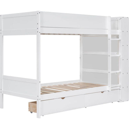 Twin over Twin Bunk Bed With 2 Drawers and Multi-layer Cabinet, White