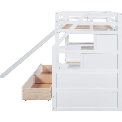 Twin over Twin Bunk Bed with Storage Staircase, Slide and Drawers, Desk with Drawers and Shelves, White