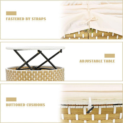 Patio Furniture Round Outdoor Sectional Sofa Set Rattan Daybed Two-Tone Weave Sunbed with Retractable Canopy, Separate Seating and Removable Cushion, Beige