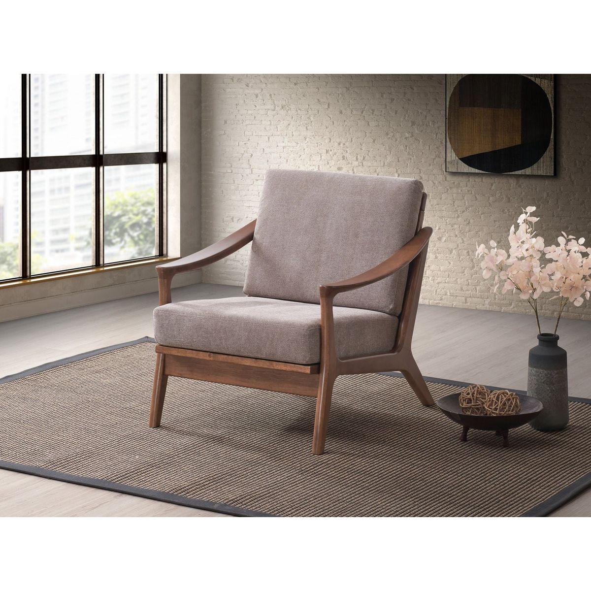 Lide Accent Chair, Light Brown Fabric & Brown Finish