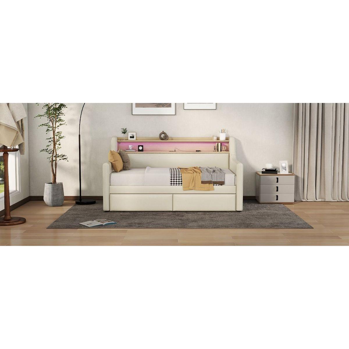 Twin Size Daybed with Storage Drawers, Upholstered Daybed with Charging Station and LED Lights, Beige
