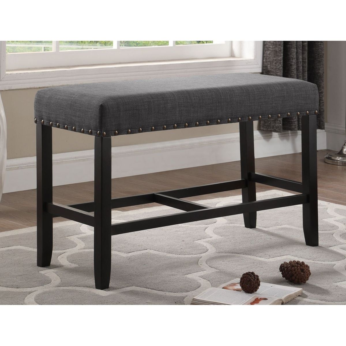 Biony Fabric Counter Height Dining Bench with Nailhead Trim, Grey