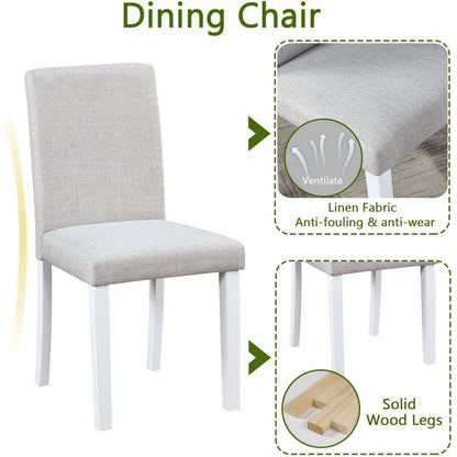 5 Piece Wooden Dining Table Set, Kitchen Table Set with a Rectangular Table and 4 Upholstered Chairs, Wooden Dining Room Table with Crystal Decoration and Chairs Set for Kitchen, Dining Room, White