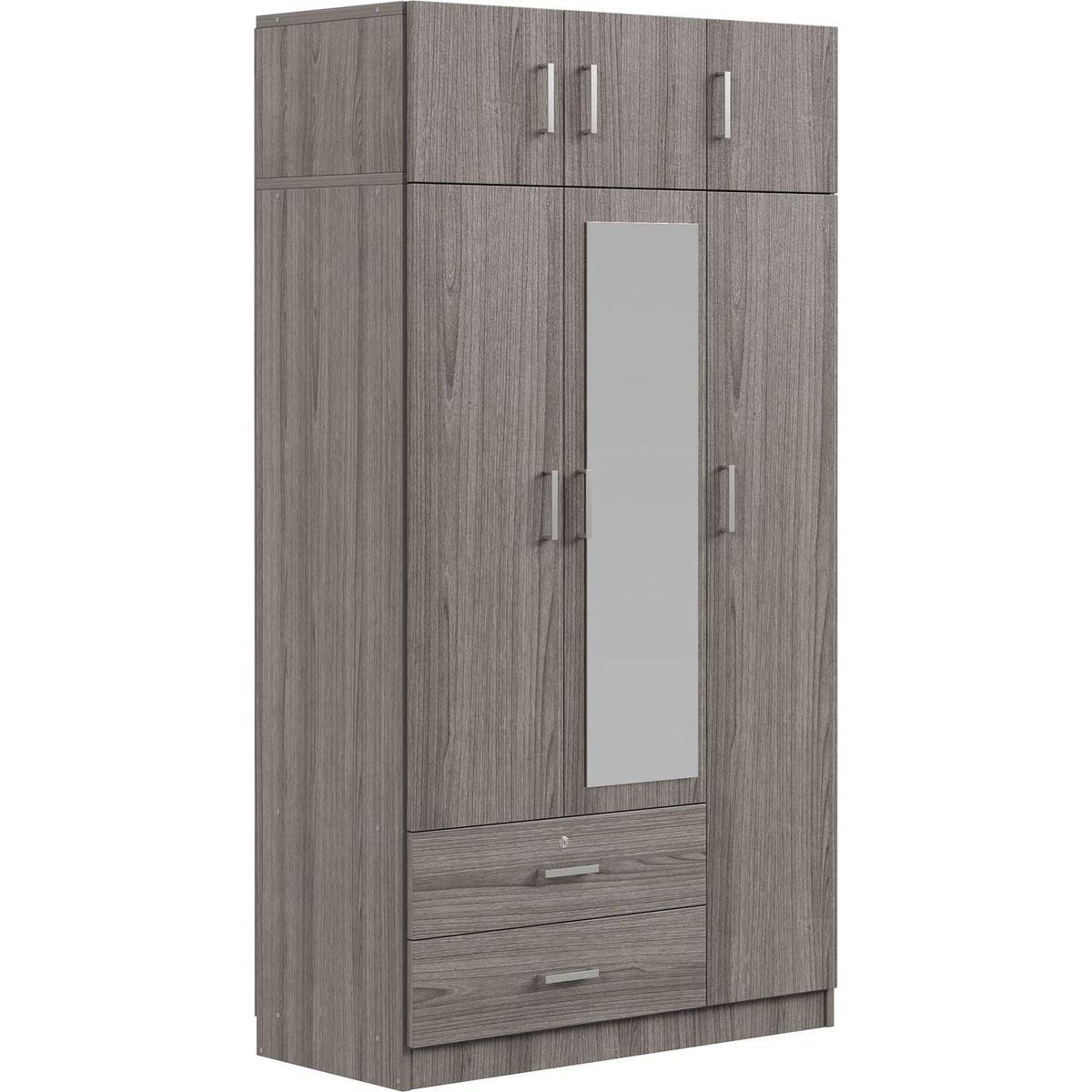 3-Door Mirror Wardrobe with 2 Drawers and Top Cabinet,Gray