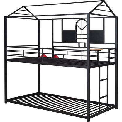Twin Over Twin Metal Bunk Bed, Metal Housebed With Slide,Three Colors Available.(Black with Red Slide)