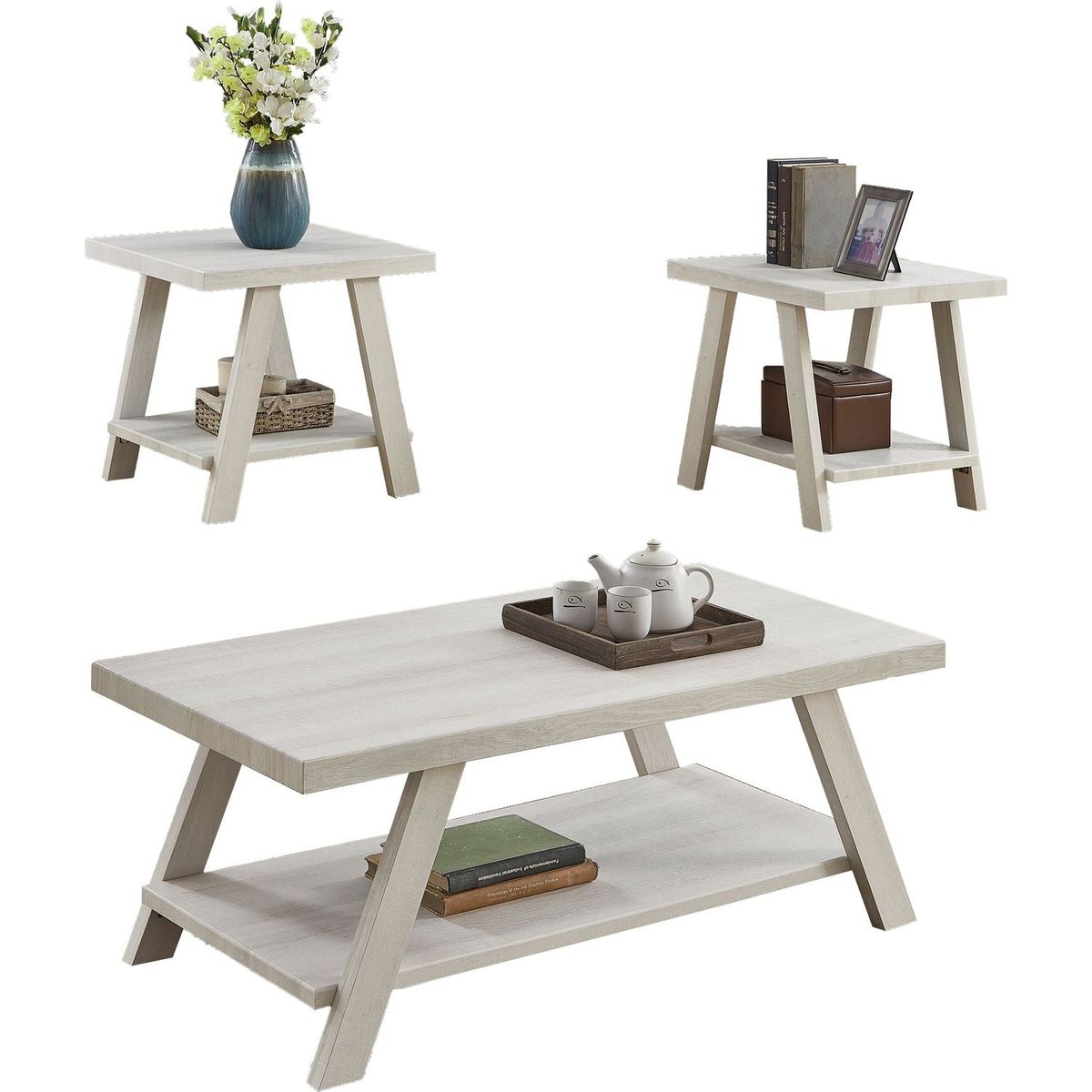 Athens Contemporary Wood Shelf Coffee Table Set in White Finish