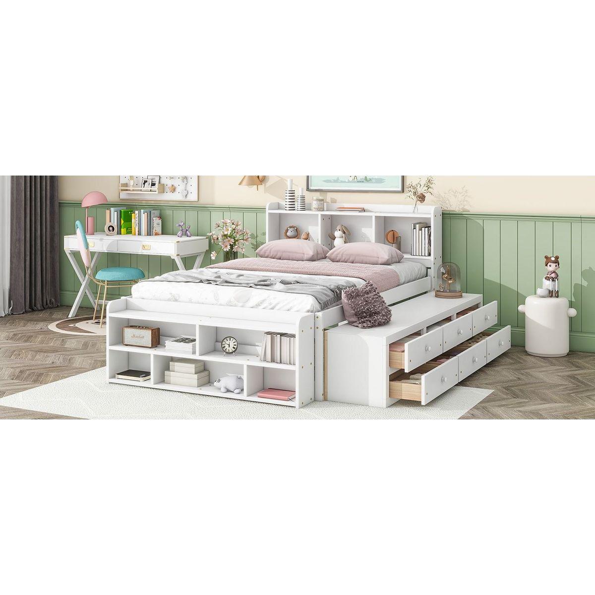 Full Bed with Bookcase Headboard, Under bed Storage Drawers and Bed End Storage Case,White