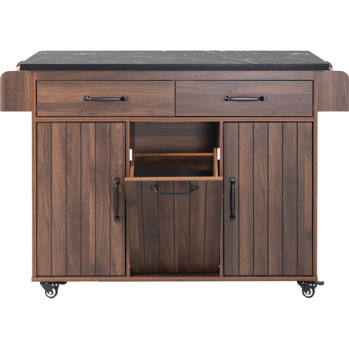 Kitchen Island with Trash Can Storage Cabinet, Kitchen Cart with Drop Leaf, Spice Rack, Towel Rack and Drawer, Rolling Kitchen Island on Wheels with Adjustable Shelf, Walnut Brown