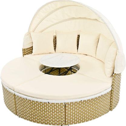 Patio Furniture Round Outdoor Sectional Sofa Set Rattan Daybed Two-Tone Weave Sunbed with Retractable Canopy, Separate Seating and Removable Cushion, Beige