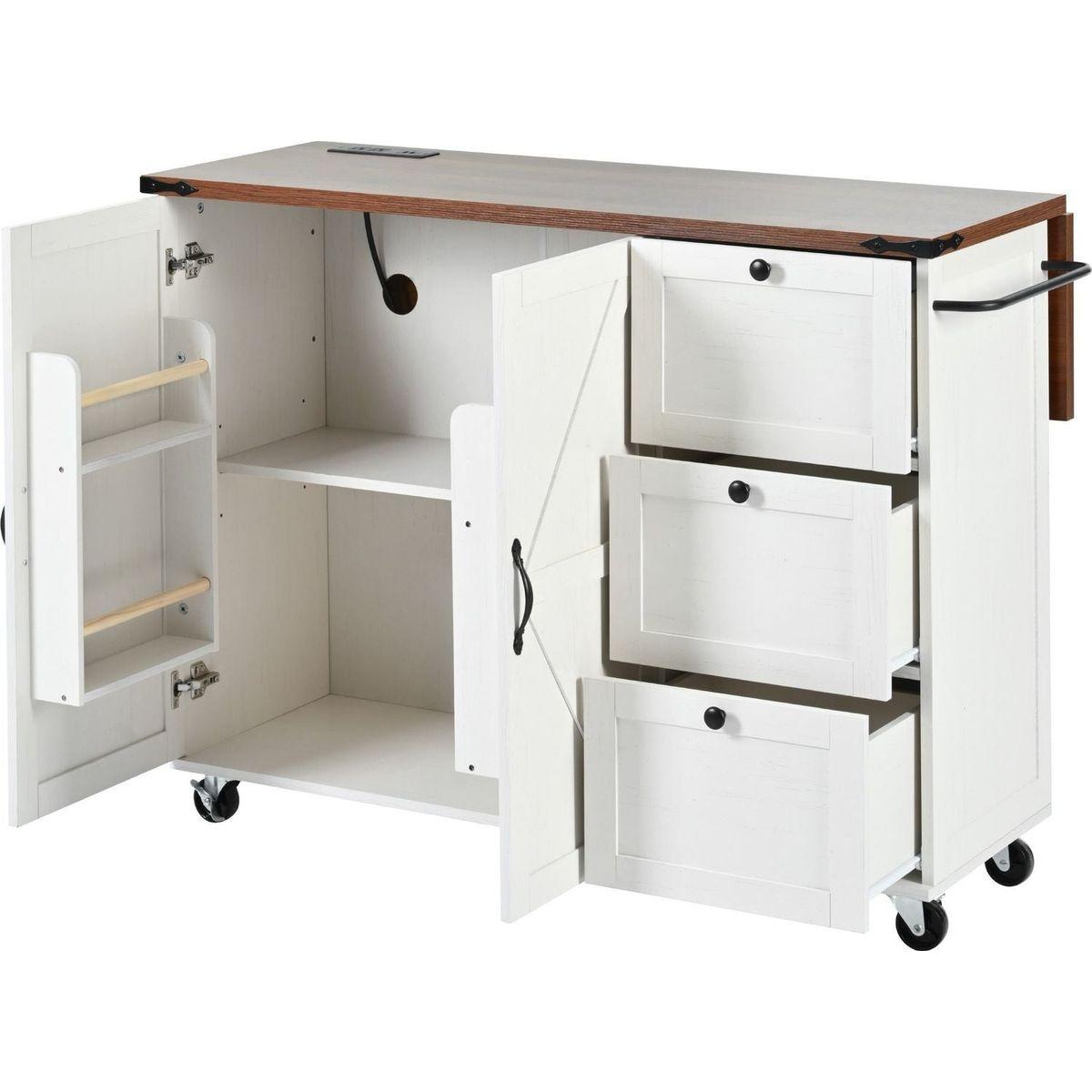 54.5" Farmhouse Kitchen Island with Power Outlet, Kitchen Storage Island with Internal Storage Rack, Drop Leaf, Spice Rack, Rolling Kitchen Cart on Wheels, for Home, Kitchen and Dining Room,White