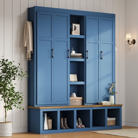 ON-TREND 62.9'W Farmhouse 4-in-1 Hall Tree with 6 Hanging Hooks, Mudroom Wood Grain Bench with Open Compartments, Entryway Shoe Cabinet with Seating Bench for Living Room, Hallway, Blue