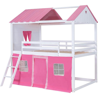 Full Size Bunk Wood House Bed with Elegant Windows, Sills and Tent, Pink+White