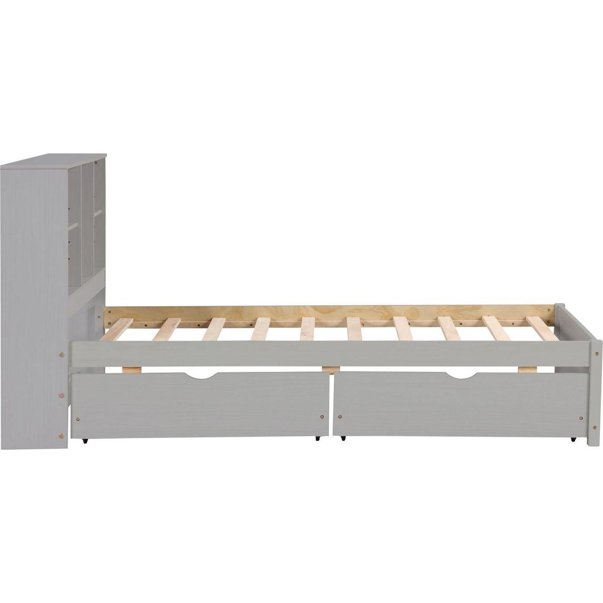 Modern Twin Size Bed Frame With Built-in USB Port on Bookcase Headboard and 2 Drawers for Grey Color