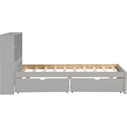 Modern Twin Size Bed Frame With Built-in USB Port on Bookcase Headboard and 2 Drawers for Grey Color