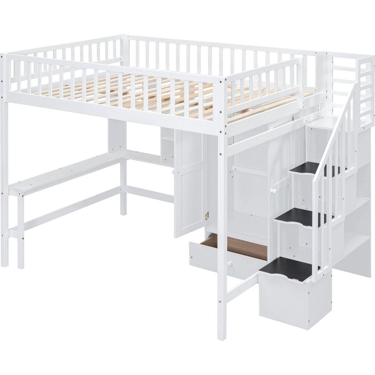 Full size Loft Bed with Bookshelf,Drawers,Desk,and Wardrobe-White